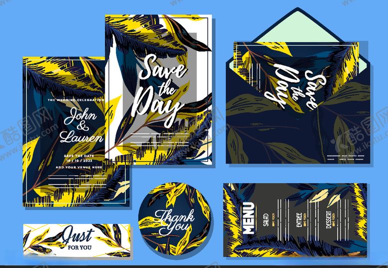 编号：89505410070441285731【酷图网】源文件下载-6款彩绘树叶婚礼卡片