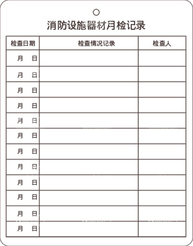 编号：96200401130809569644【酷图网】源文件下载-消防设施器材点检记录卡