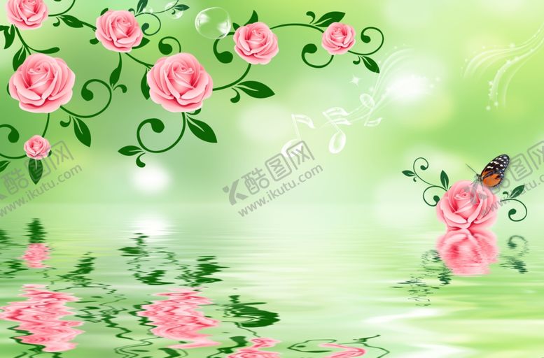 编号：31878310121120163228【酷图网】源文件下载-玫瑰花水纹倒影