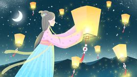 下元节古风少女放孔明灯插画