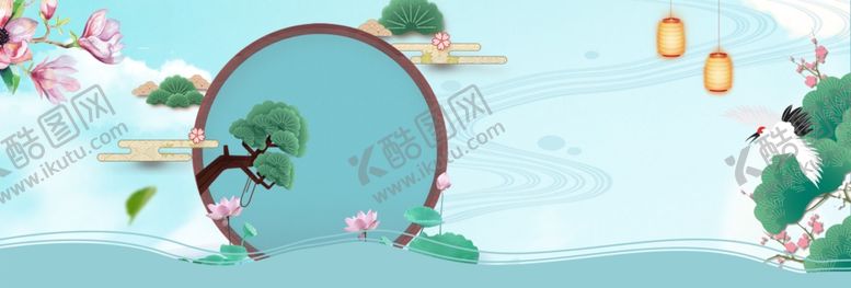 编号：78275309110804288453【酷图网】源文件下载-古风山水仙鹤植物绿色意境背景