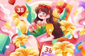 粉色3月8日女神节花中女孩插画