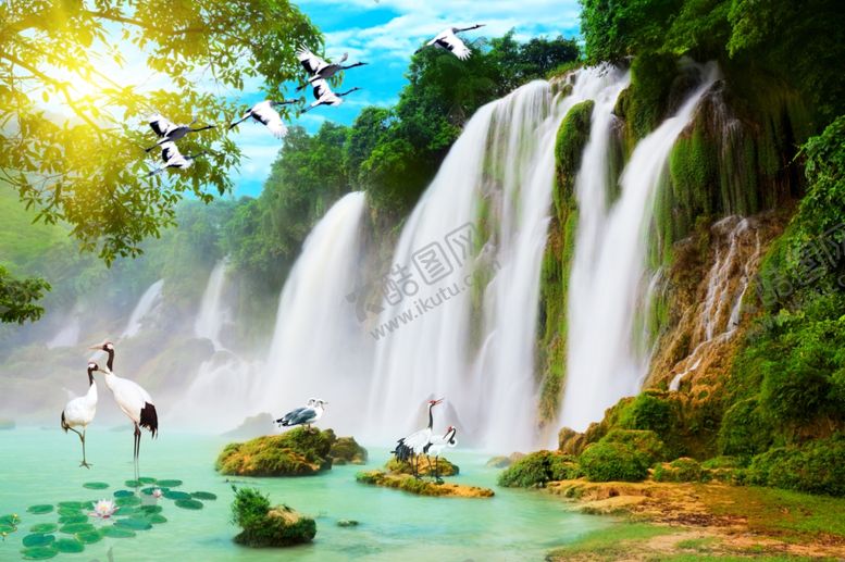 编号：42915310260522113265【酷图网】源文件下载-瀑布丹顶鹤自然风光背景墙壁画