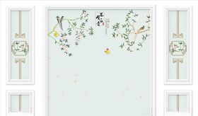 花鸟画小船竹子背景墙
