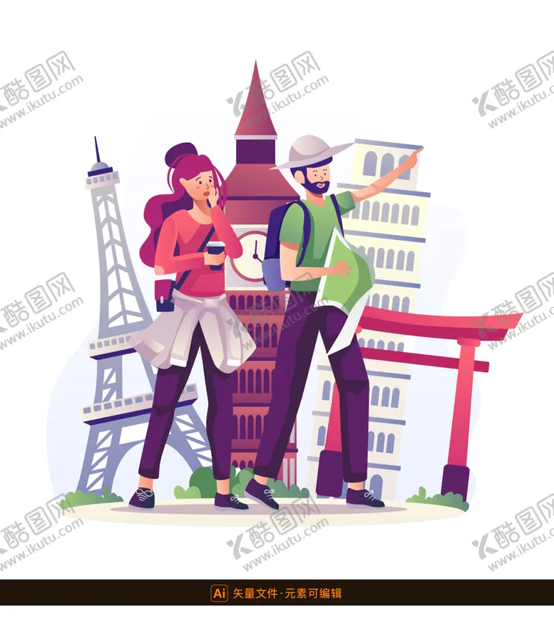 编号：64310509140227494236【酷图网】源文件下载-旅行情侣矢量插画环游世界艾菲尔铁塔