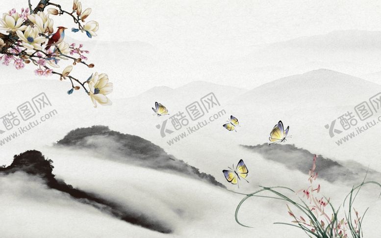 编号：24217410081925085840【酷图网】源文件下载-水墨山水喜鹊蝴蝶玉兰花背景