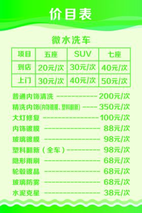 洗车价格表