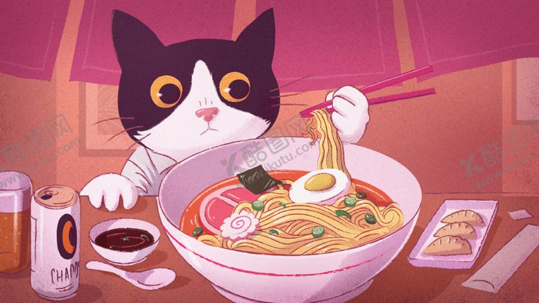 编号：54355007081727385515【酷图网】源文件下载-猫用筷子吃一碗拉面