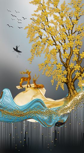 新中式麋鹿发财树玄关画