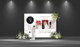 唱片风婚礼照片墙迎宾区布置堆头美陈