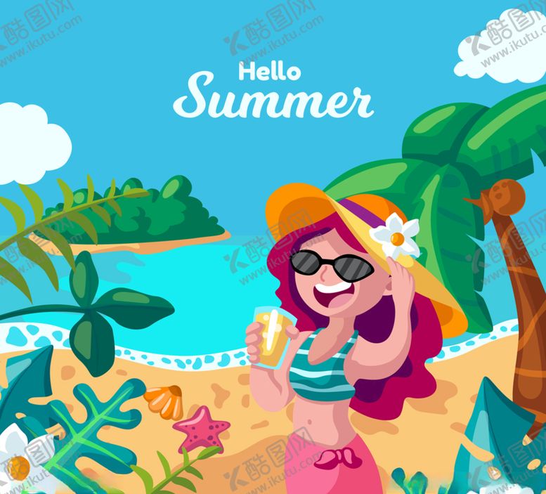 编号：37622410050120508759【酷图网】源文件下载-卡通海边度假女子矢量素材