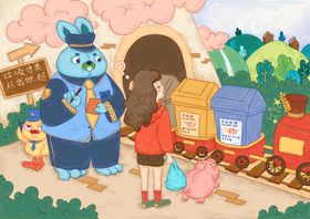 卡通角色与女孩的欢乐场景