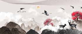 水墨山水画大理石背景墙电视背景墙中式