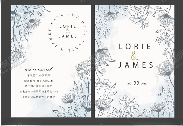编号：76894603312327337482【酷图网】源文件下载-蓝白花卉婚礼请柬设计