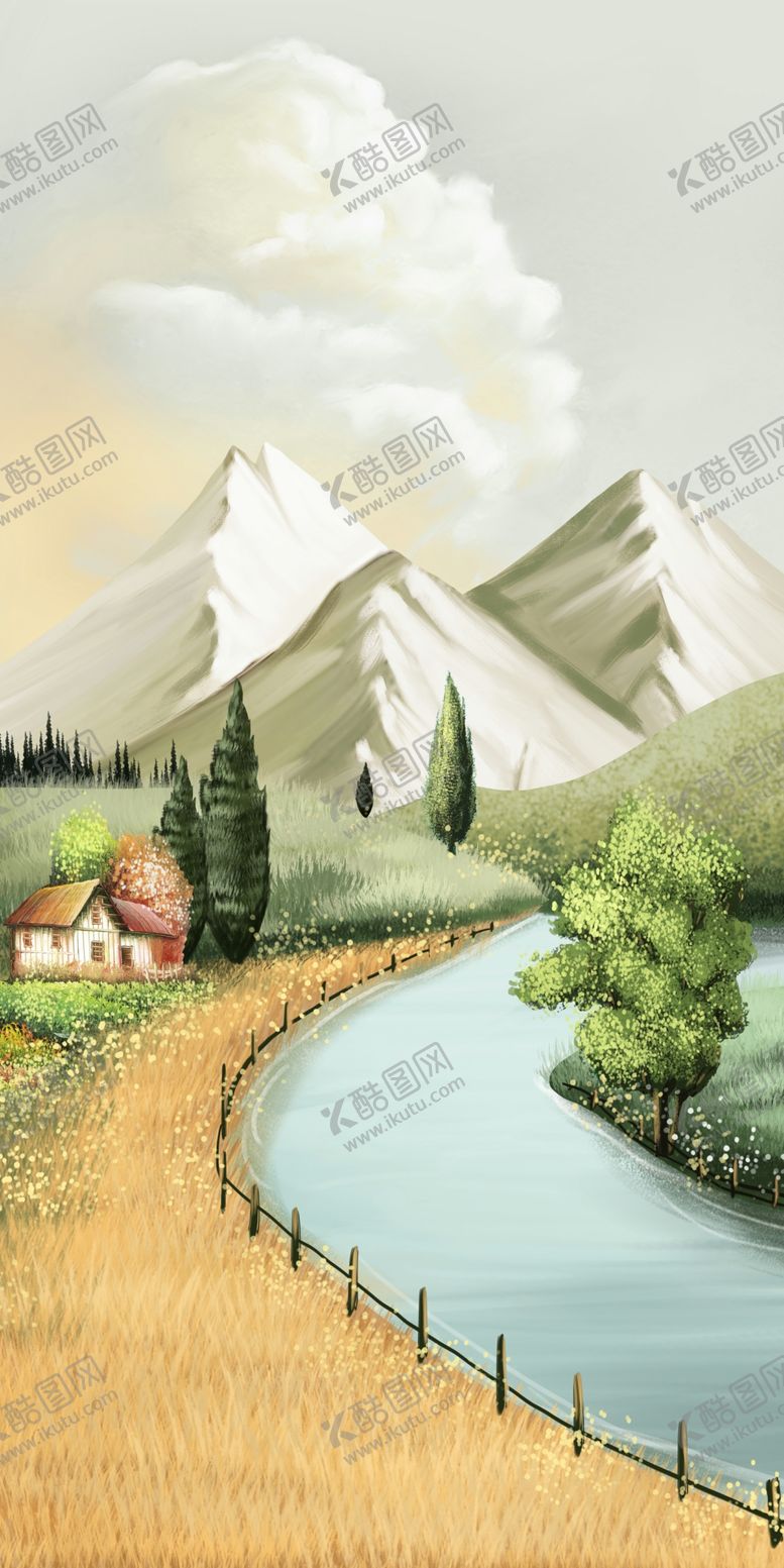 编号：87515109271834329215【酷图网】源文件下载-北欧轻奢油画风景山水田园玄合层