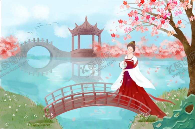 编号：86663709110826096967【酷图网】源文件下载-女性国风传统插画卡通背景素材