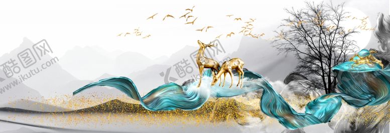 编号：73986202070706463875【酷图网】源文件下载-金色麋鹿飘带山水装饰画