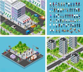 城市建筑等距视角插画