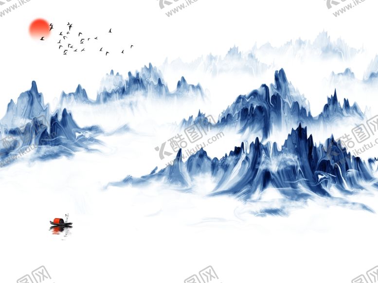 编号：15632910212300017145【酷图网】源文件下载-水墨山水小船太阳背景墙