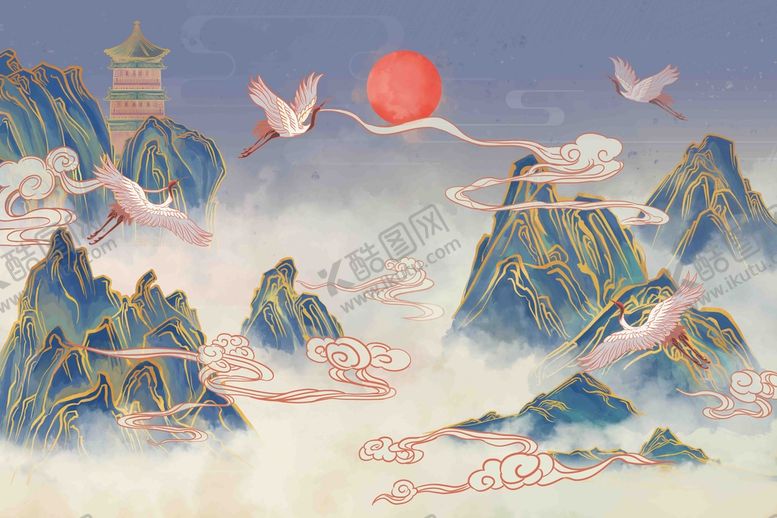 编号：87912010040429048596【酷图网】源文件下载-国风国潮仙鹤红日金山背景图