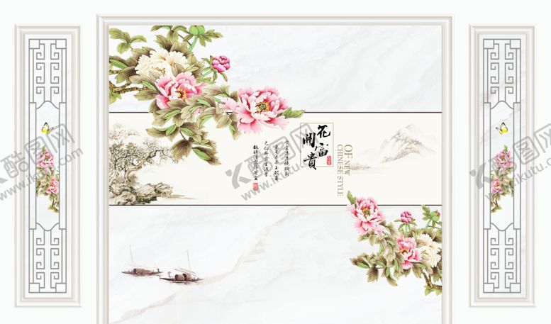 编号：50215110051131356853【酷图网】源文件下载-花开富贵牡丹大理石纹电视背景墙