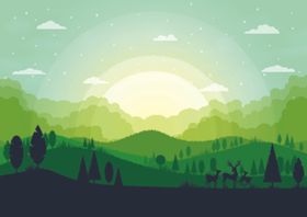 森林插画山水树木山路风景卡通风景