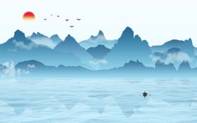 蓝色水墨山水画背景墙