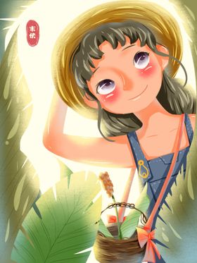 夏日郊外游玩的女孩插画