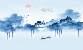 水墨山水画夕阳时尚背景墙写意