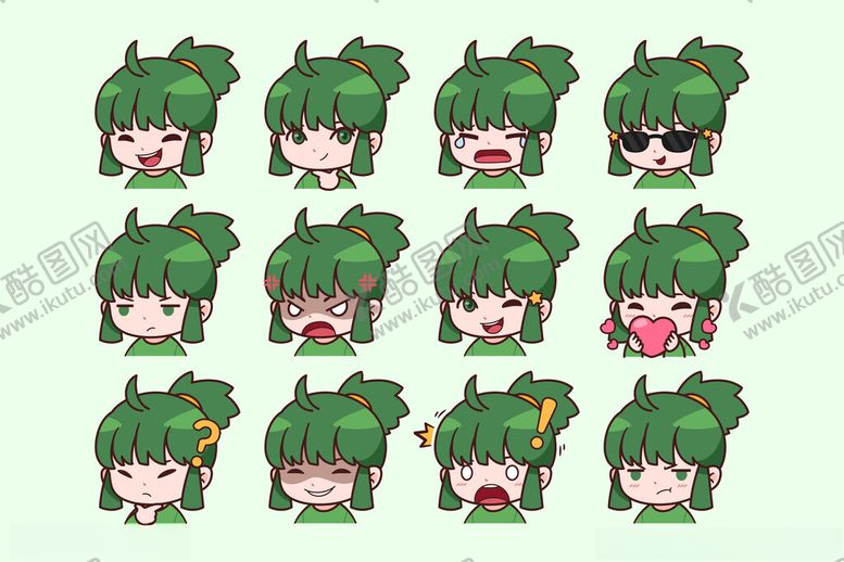 编号：48900610162327412222【酷图网】源文件下载-绿发卡通角色表情集合