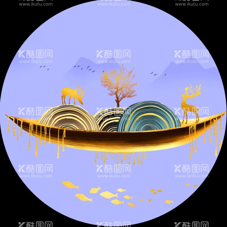 编号：52536611271109358150【酷图网】源文件下载-湖畔麋鹿山脉圆形挂画