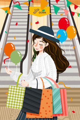 人物少女逛街插画卡通背景素材