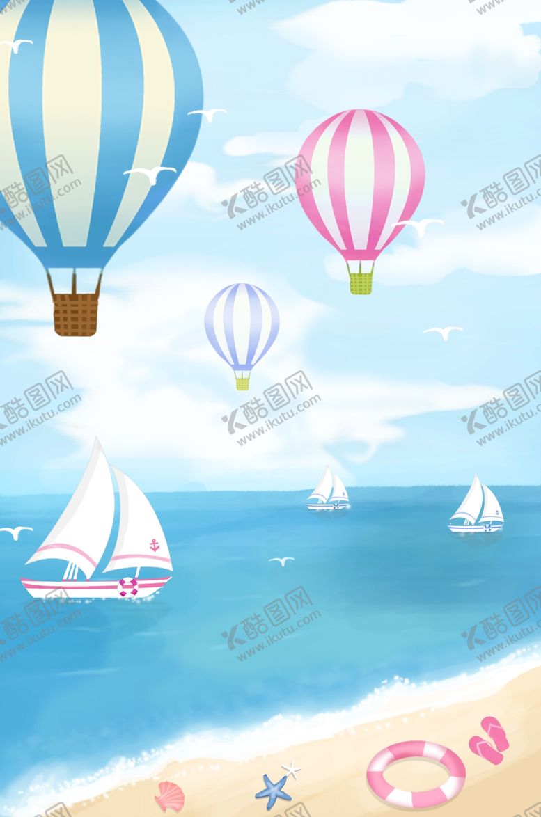 编号：76042907131737395471【酷图网】源文件下载-海边沙滩热气球清新插画背景