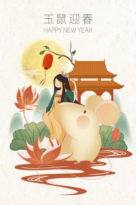 玉鼠迎春鼠年新年手绘插画