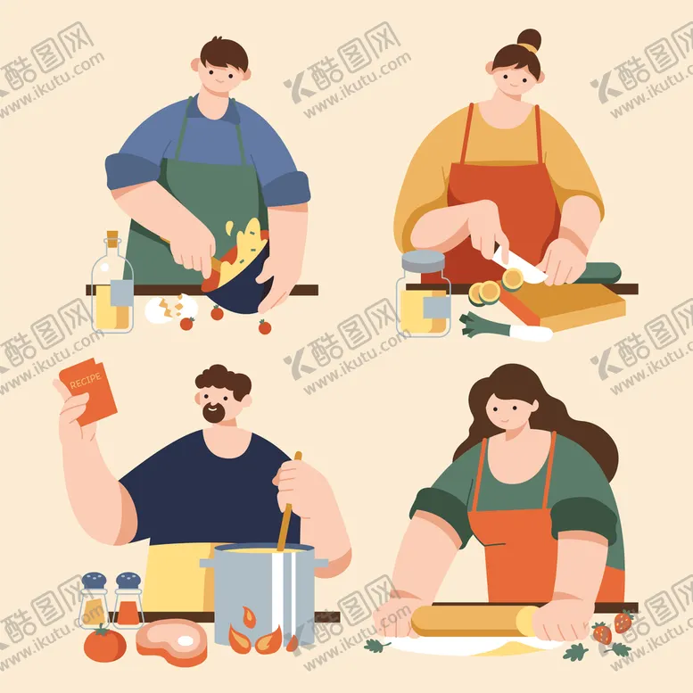 编号：73624509211400090982【酷图网】源文件下载-烹饪做饭扁平化人物插画