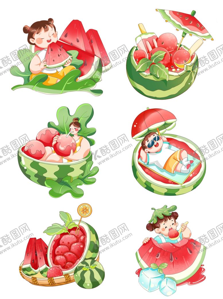 编号：50152704242355366813【酷图网】源文件下载-夏日西瓜童趣插画组图
