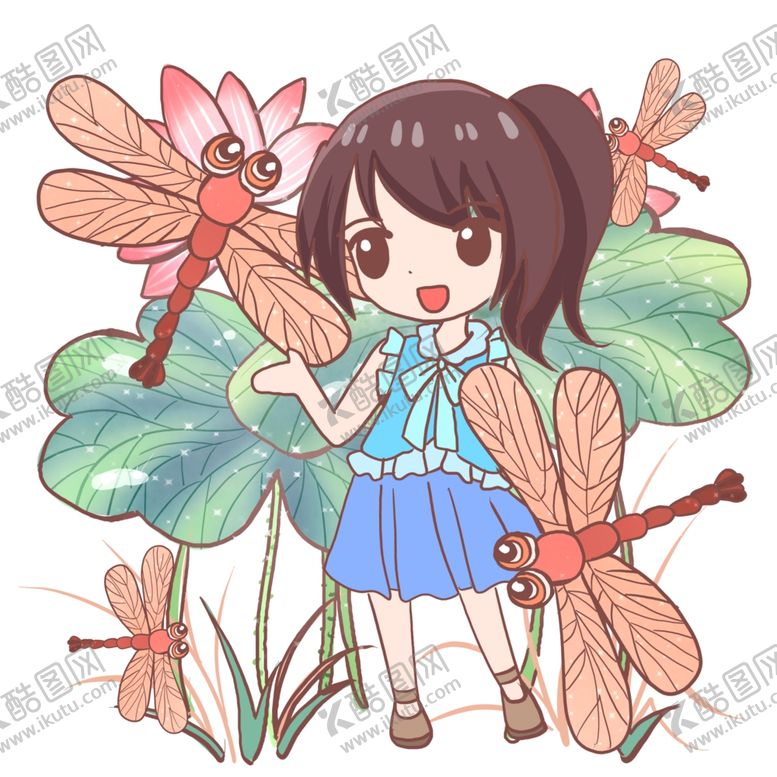 编号：41908804241625516279【酷图网】源文件下载-可爱的小女孩与蜻蜓插画