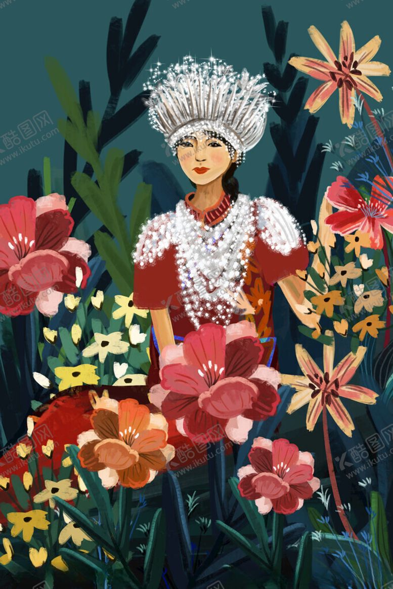 编号：52763104012334336811【酷图网】源文件下载-身着华服的花卉间女子