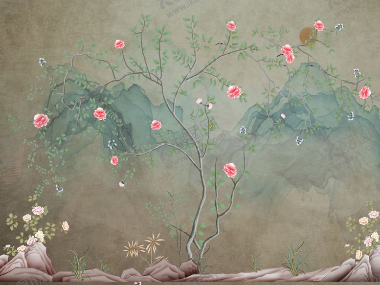 编号：41499505120119594136【酷图网】源文件下载-中式山水装饰画玄关屏风沙发电视