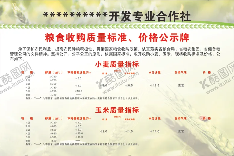 编号：82415306251903316544【酷图网】源文件下载-粮食收购标准价格公示牌
