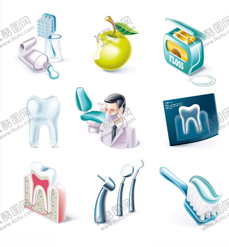 牙科元素手绘膏矢量苹果手绘齿
