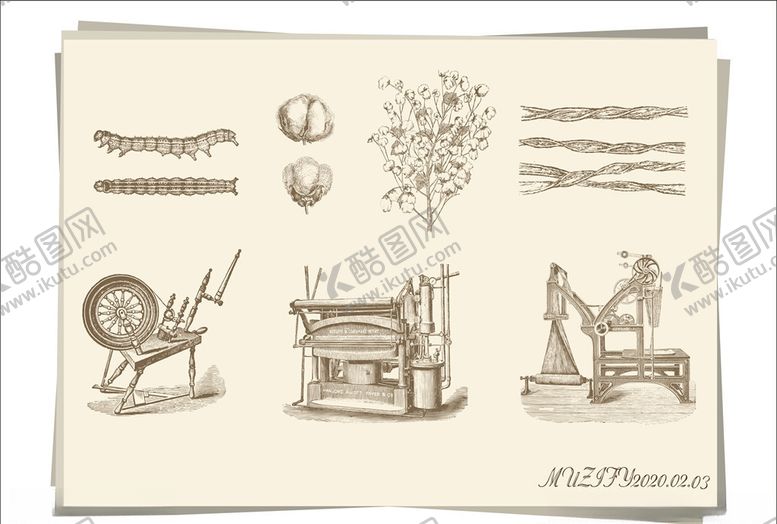 编号：11799709201631467916【酷图网】源文件下载-蚕丝棉花复古纺纱机手绘稿