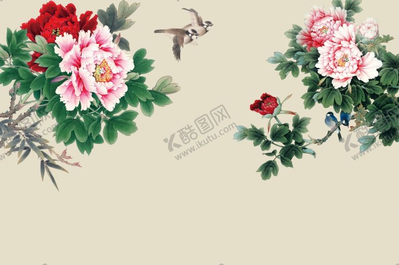 编号：95516110200048044597【酷图网】源文件下载-中式牡丹花鸟电视背景墙