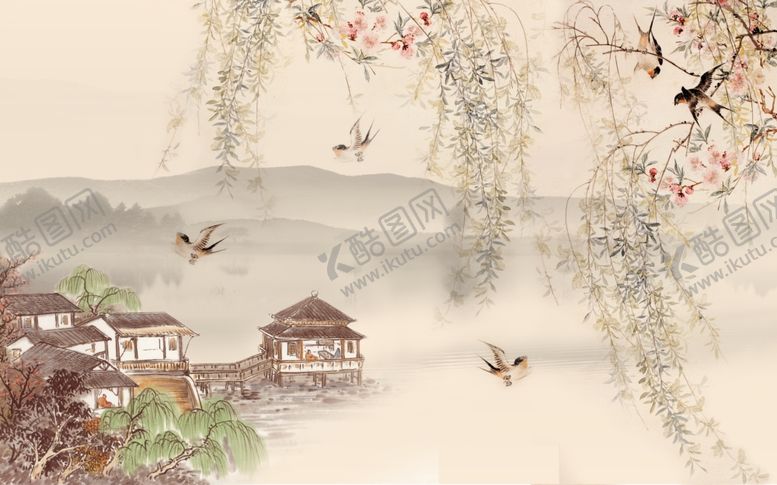 编号：66372207130038001733【酷图网】源文件下载-水墨画垂柳飞鸟亭背景墙