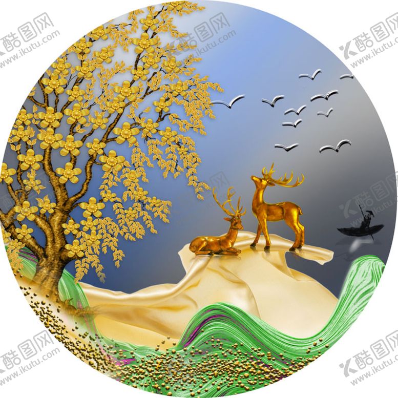 编号：75924109171559397584【酷图网】源文件下载-湖畔麋鹿高清圆形挂画装饰画