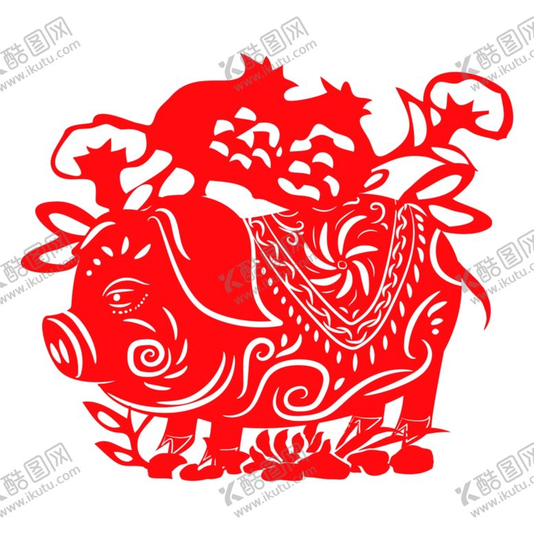 编号：34055805080103534538【酷图网】源文件下载-中国风红色猪剪纸插画元素
