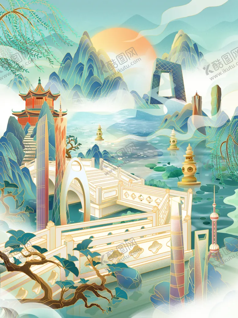 国潮建筑山水背景中文化插画古风