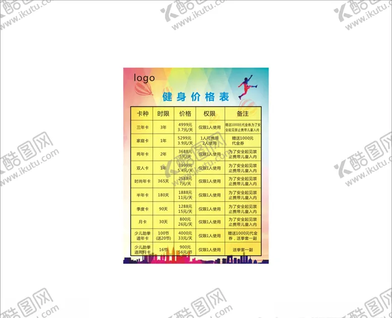 编号：50377103161001288135【酷图网】源文件下载-健身价目表