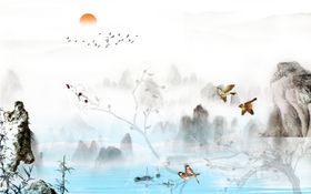 中式花鸟山水背景墙