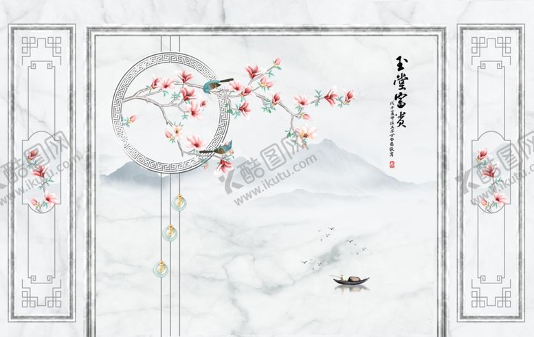 编号：49989609230353286822【酷图网】源文件下载-大理石玉堂富贵山水花鸟背景墙